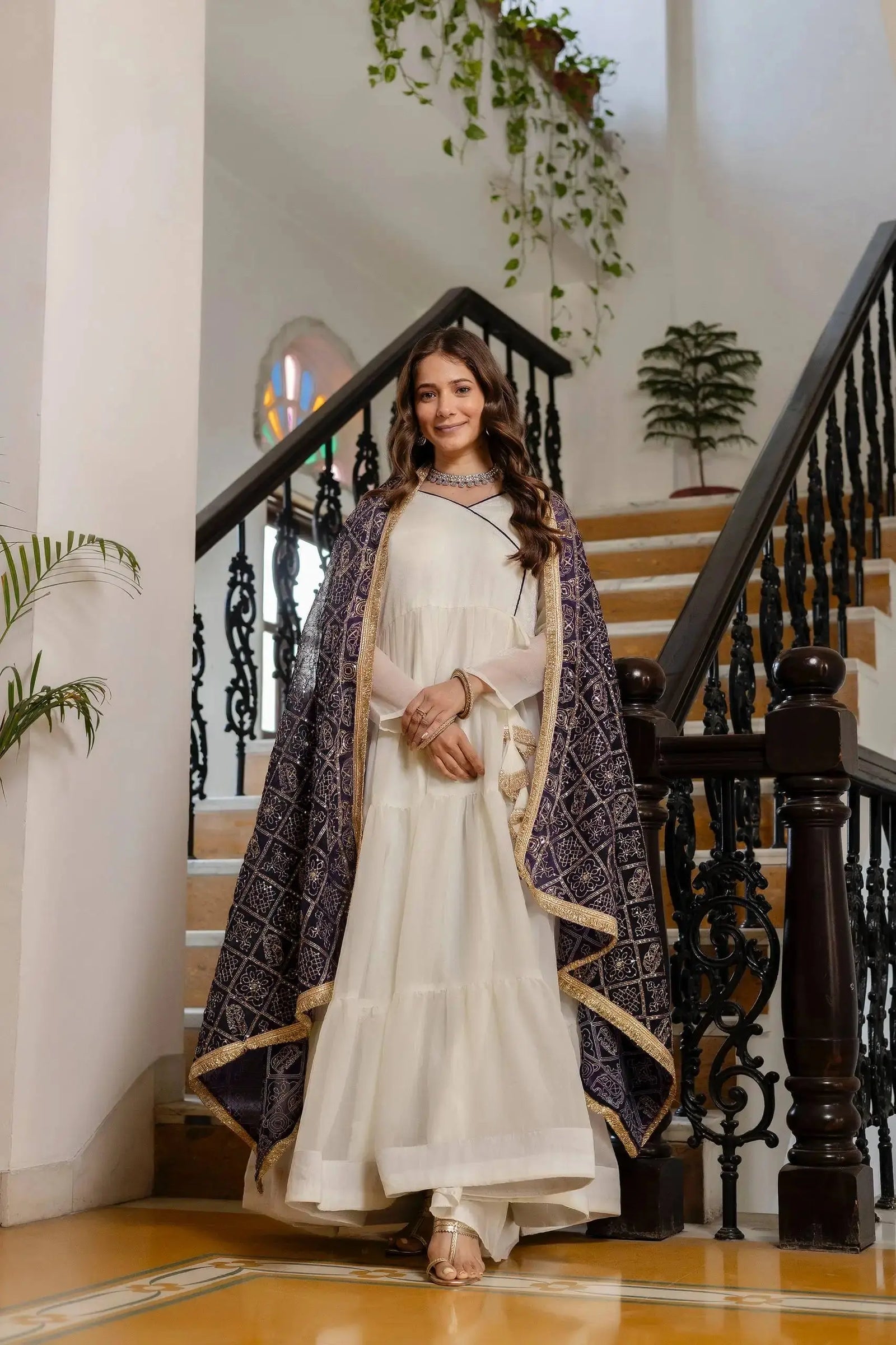 White Anarkali Suit – back view showing open dori tie-up back and 3-tier hem