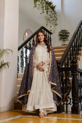 White Anarkali Suit – back view showing open dori tie-up back and 3-tier hem