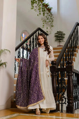 Purple Bandhej Dupatta close-up – dense gold sequin and zari embroidery on purple base