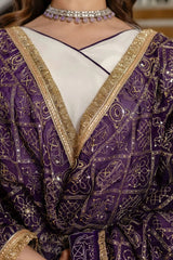 Purple Bandhej Dupatta – thick gold zari border detail and Bandhej grid embroidery