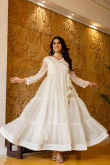 White Anarkali Suit Purple Dupatta – second front view showing V-neck and sheer full sleeves