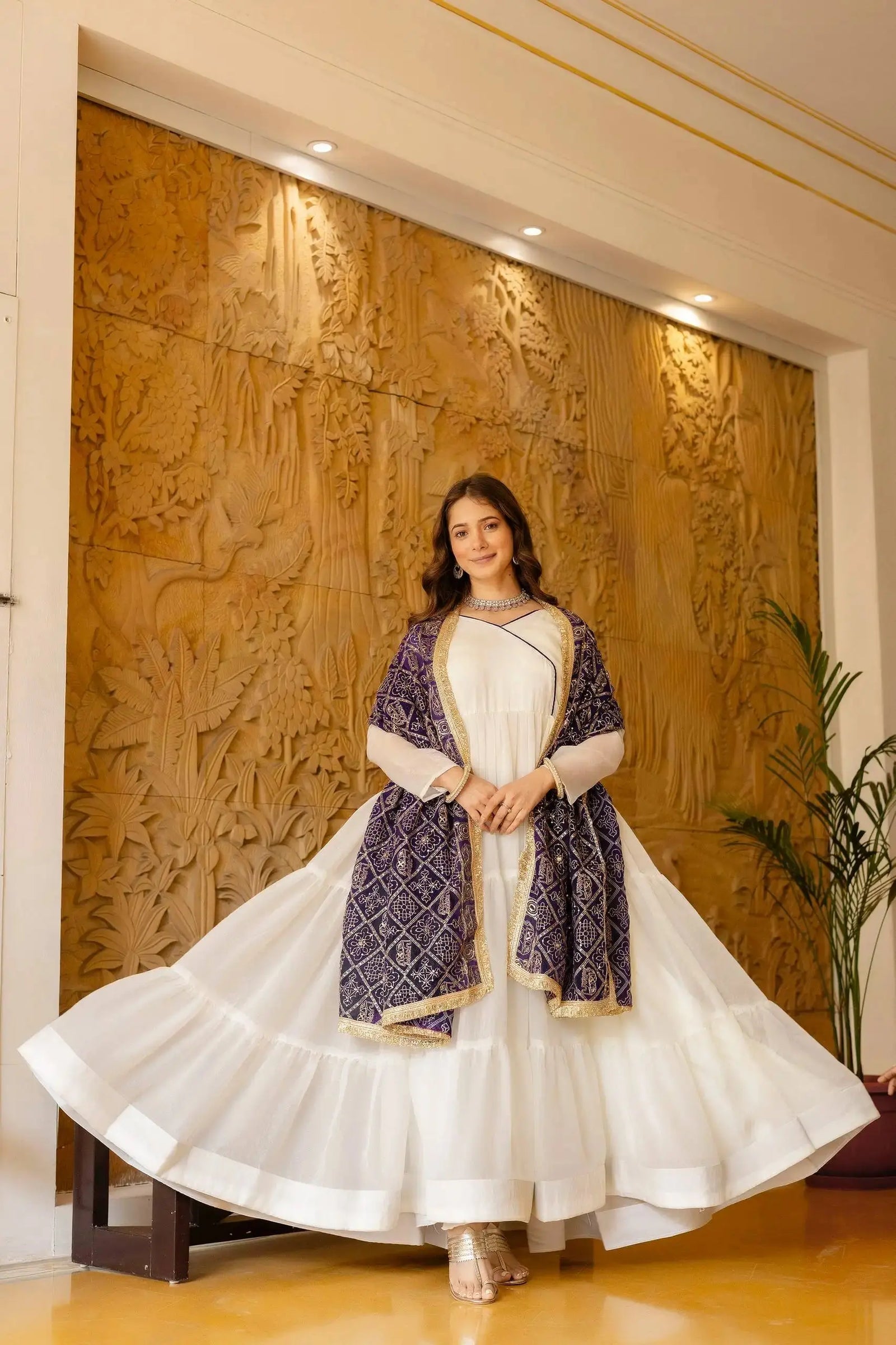 White Heavy Embroidered Anarkali Suit with Purple Bandhej Dupatta – front view, 3-tier flair