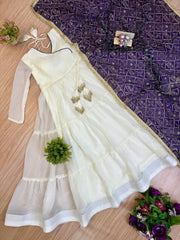 White Anarkali Suit Purple Dupatta – second full-length view showing complete 2-piece set