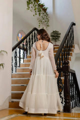 White Heavy Embroidered Anarkali Suit – full-length model shot with purple Bandhej dupatta