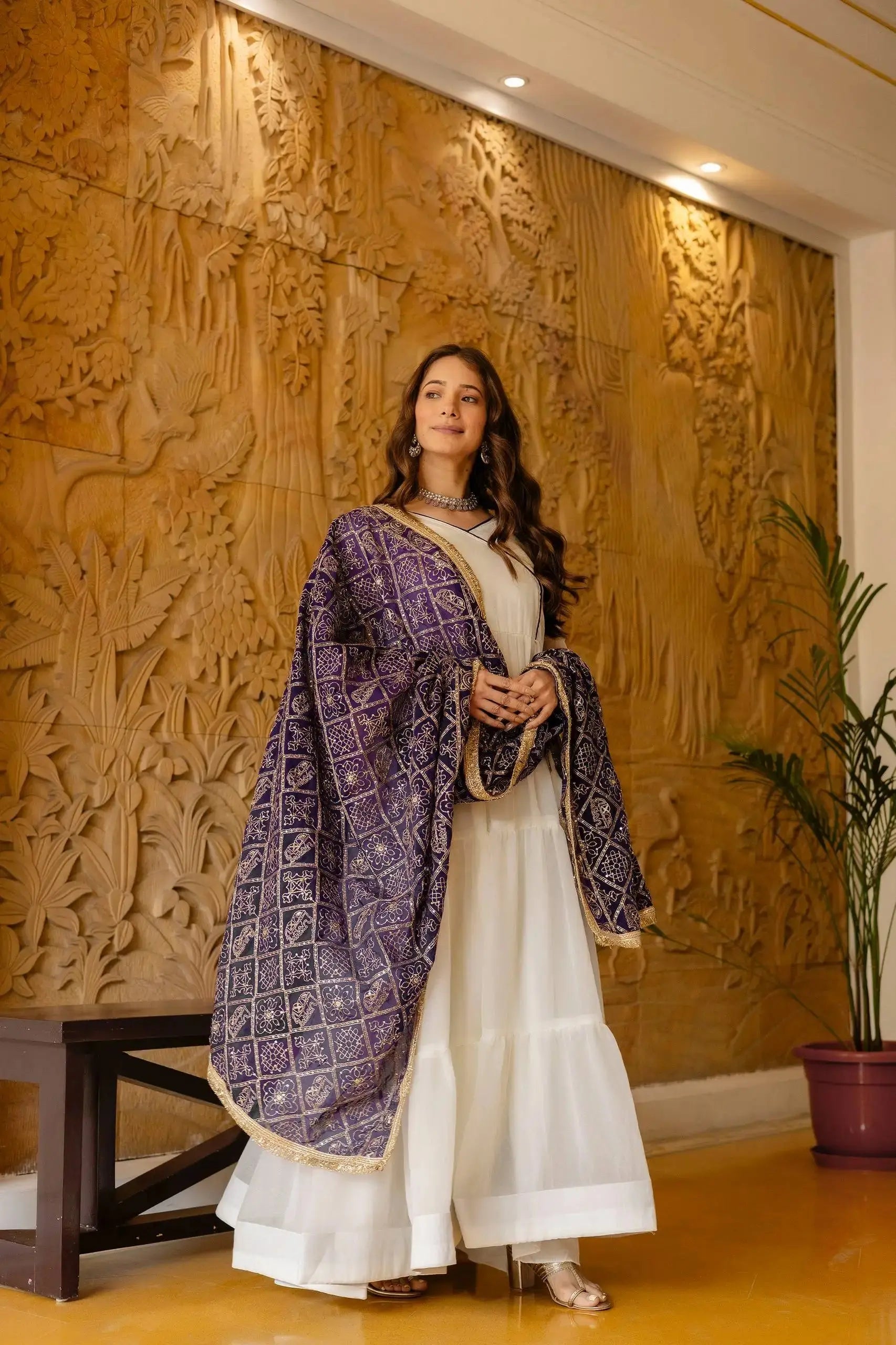 White Anarkali Suit – side view showing 3-tier flair and purple dupatta drape