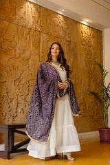 White Anarkali Suit – side view showing 3-tier flair and purple dupatta drape