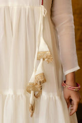 KU217 White Anarkali Suit – Gold tassel and zari lace tie-up detail close-up
