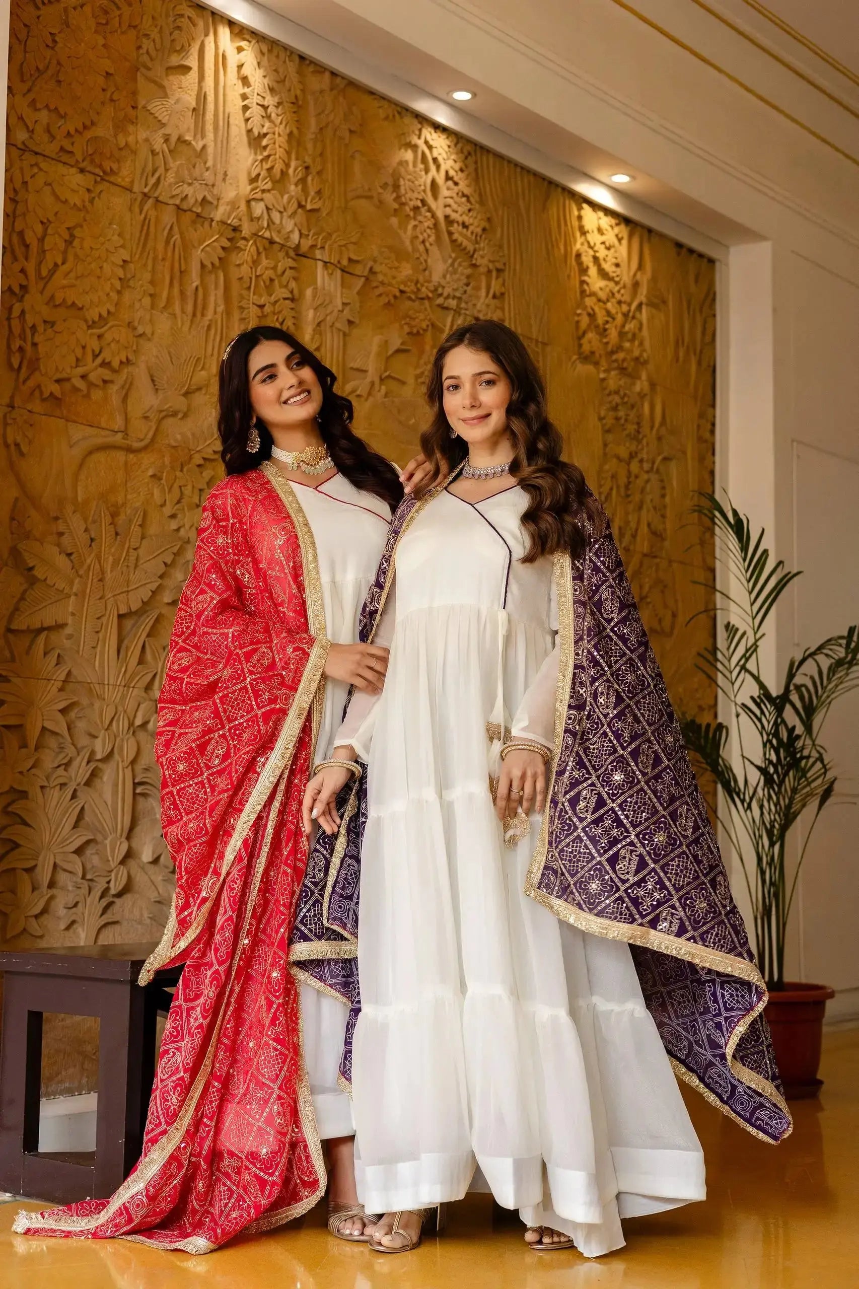 KU217 White Anarkali Suit in two dupatta colors – dark pink Bandhej (left) and purple Bandhej (right)