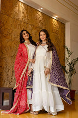 KU217 White Anarkali Suit in two dupatta colors – dark pink Bandhej (left) and purple Bandhej (right)