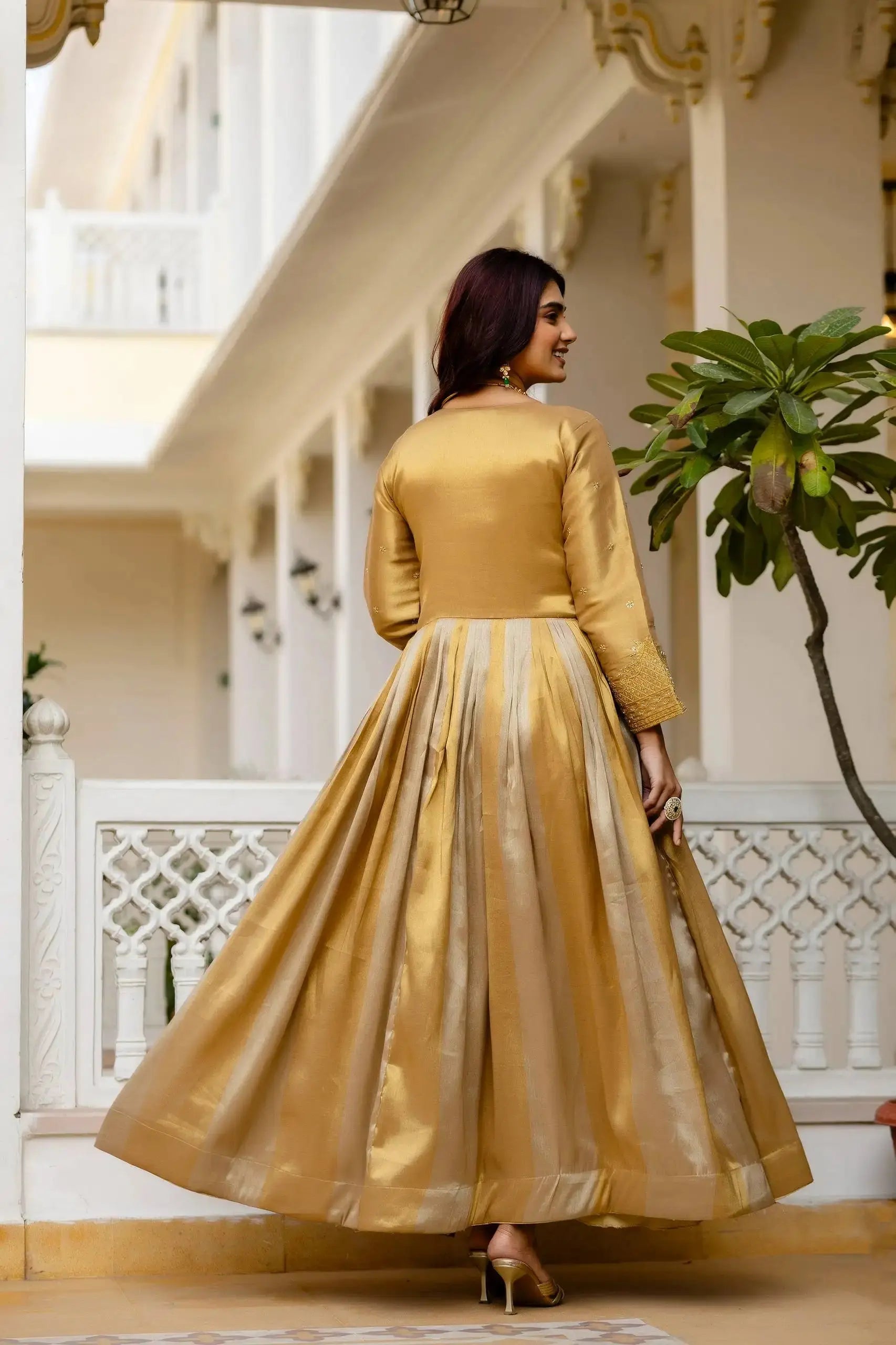 KU218 Beige Anarkali Suit – Back view showing covered back, full sleeves with embroidered cuffs and Maxi Anarkali length