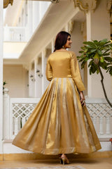 KU218 Beige Anarkali Suit – Back view showing covered back, full sleeves with embroidered cuffs and Maxi Anarkali length