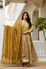 KU218 Beige Sequins Embroidered Anarkali Suit – Holding striped mustard dupatta wide, showing lace border and full Anarkali flair