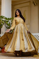KU218 Beige Banarasi Anarkali Suit – Wide flair pose without dupatta, showing full two-tone gold and beige Anarkali silhouette