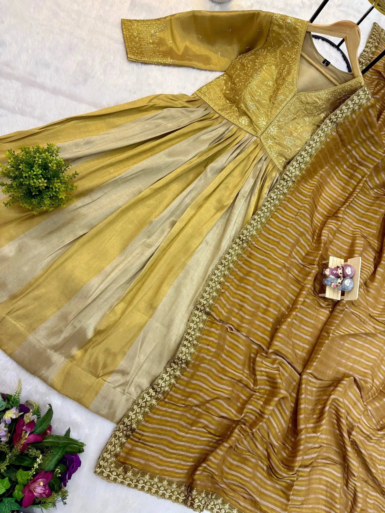 KU218 Beige Sequins Embroidered Anarkali Suit – Complete 2-piece flat lay: Anarkali kurta and striped mustard Lurex dupatta