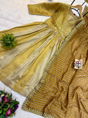 KU218 Beige Sequins Embroidered Anarkali Suit – Complete 2-piece flat lay: Anarkali kurta and striped mustard Lurex dupatta