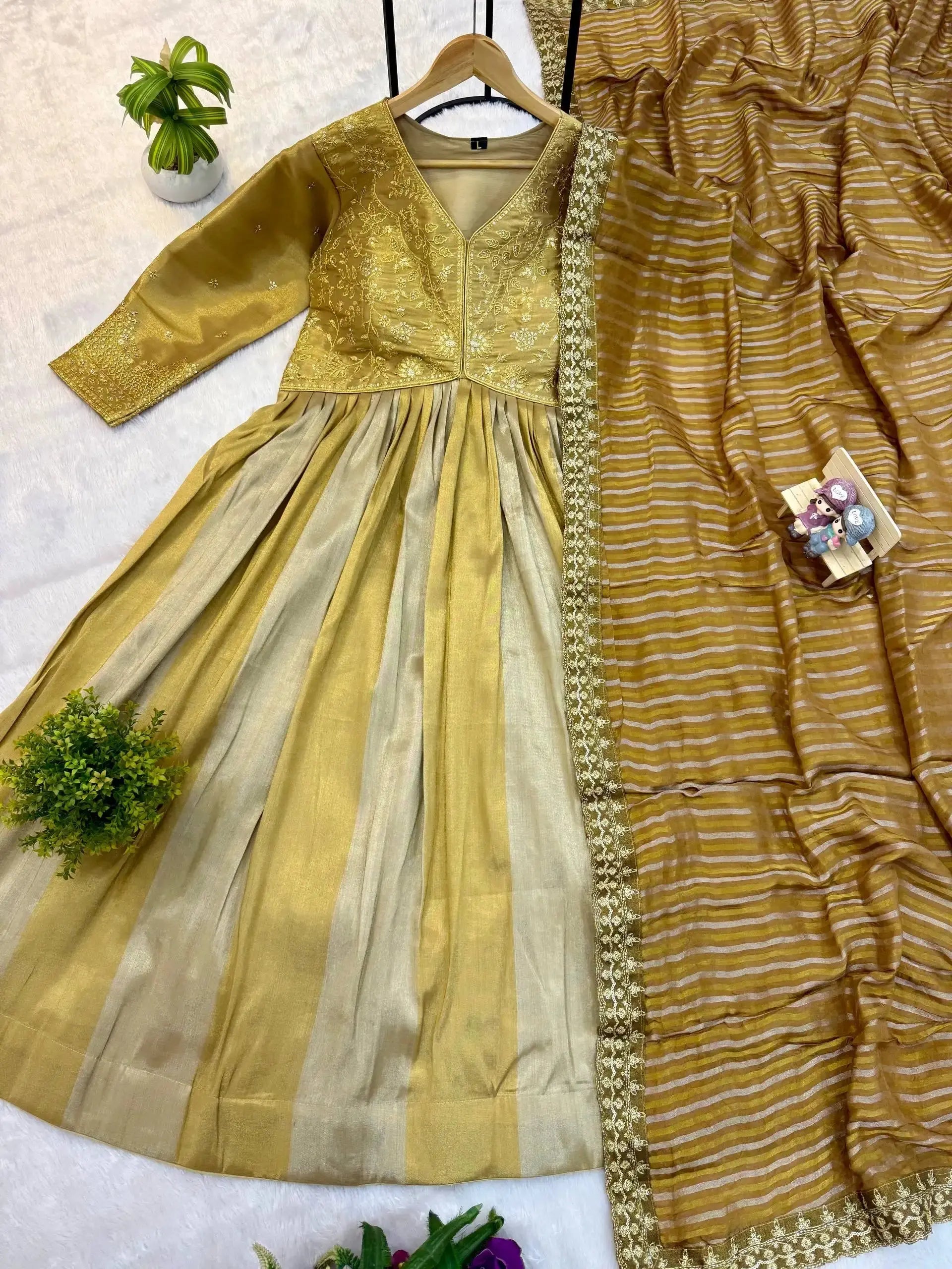 KU218 Beige Anarkali Suit – Flat lay showing full kurta with two-tone Banarasi skirt alongside striped mustard dupatta