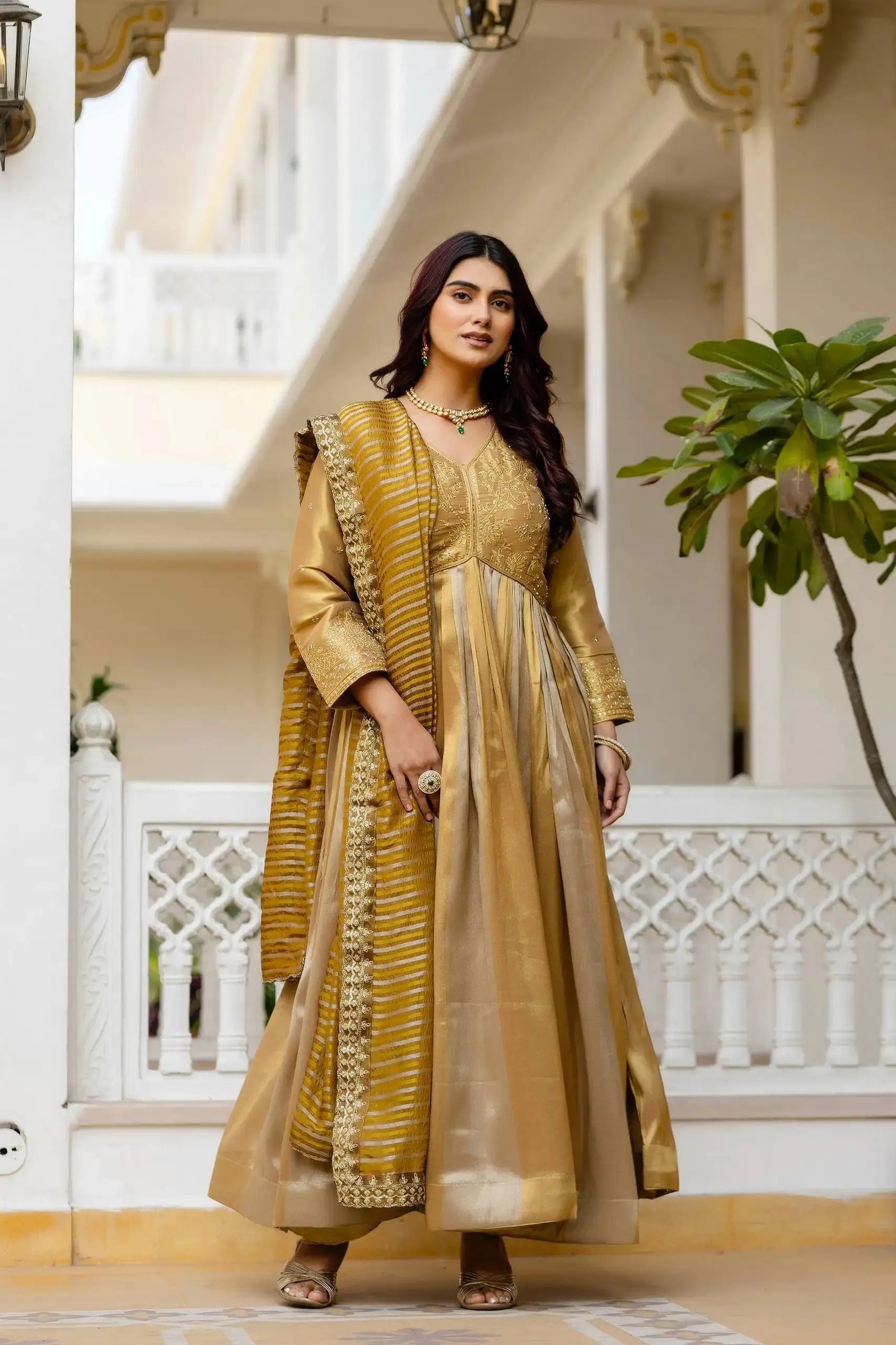 KU218 Beige Anarkali Suit in Viscose Banarasi Silk Blend – Full-length front with dupatta draped on both sides