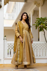 KU218 Beige Anarkali Suit in Viscose Banarasi Silk Blend – Full-length front with dupatta draped on both sides