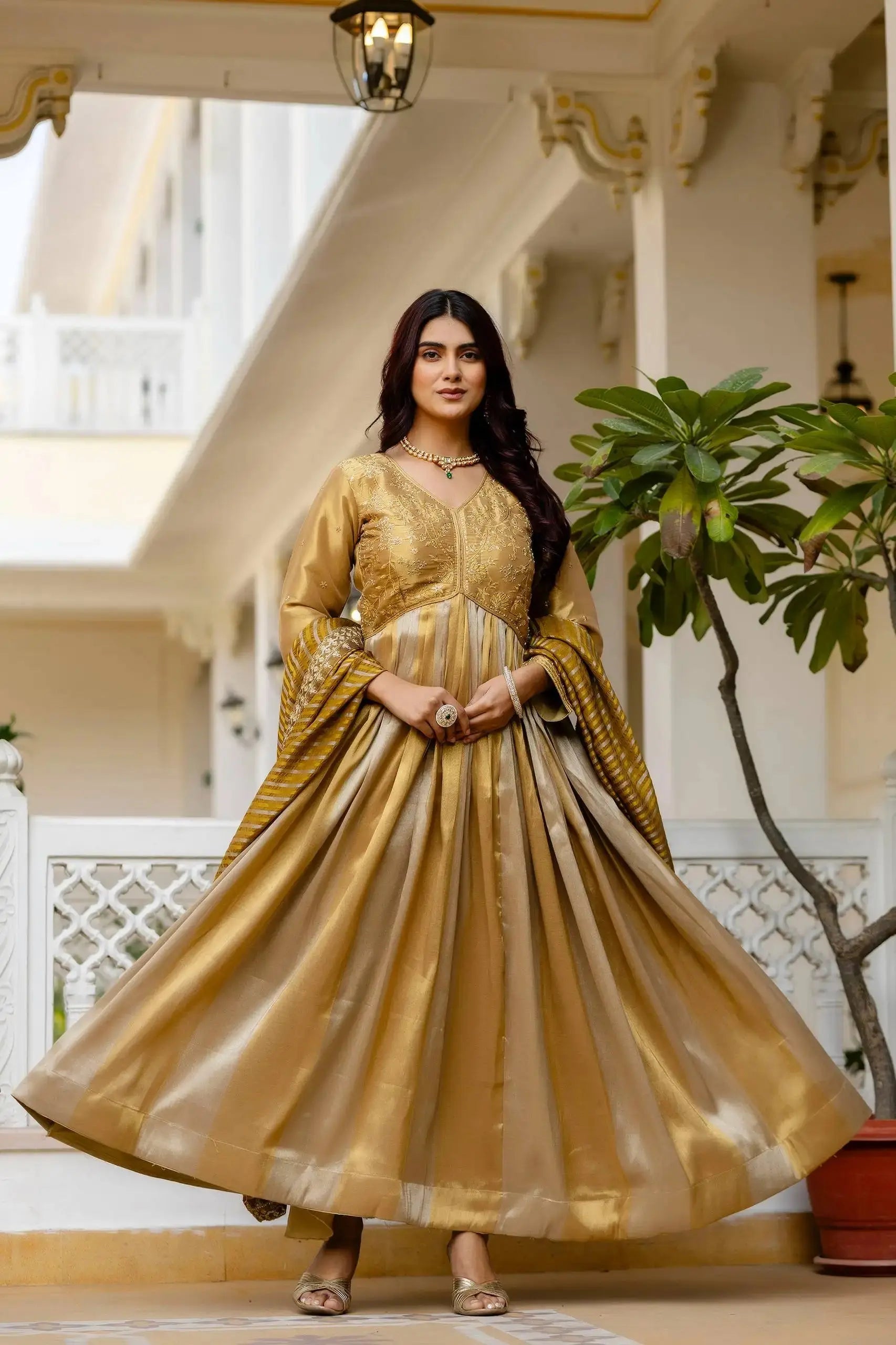 KU218 Beige Sequins Embroidered Anarkali Suit – Full-length front with striped mustard dupatta draped, showing embroidered yoke