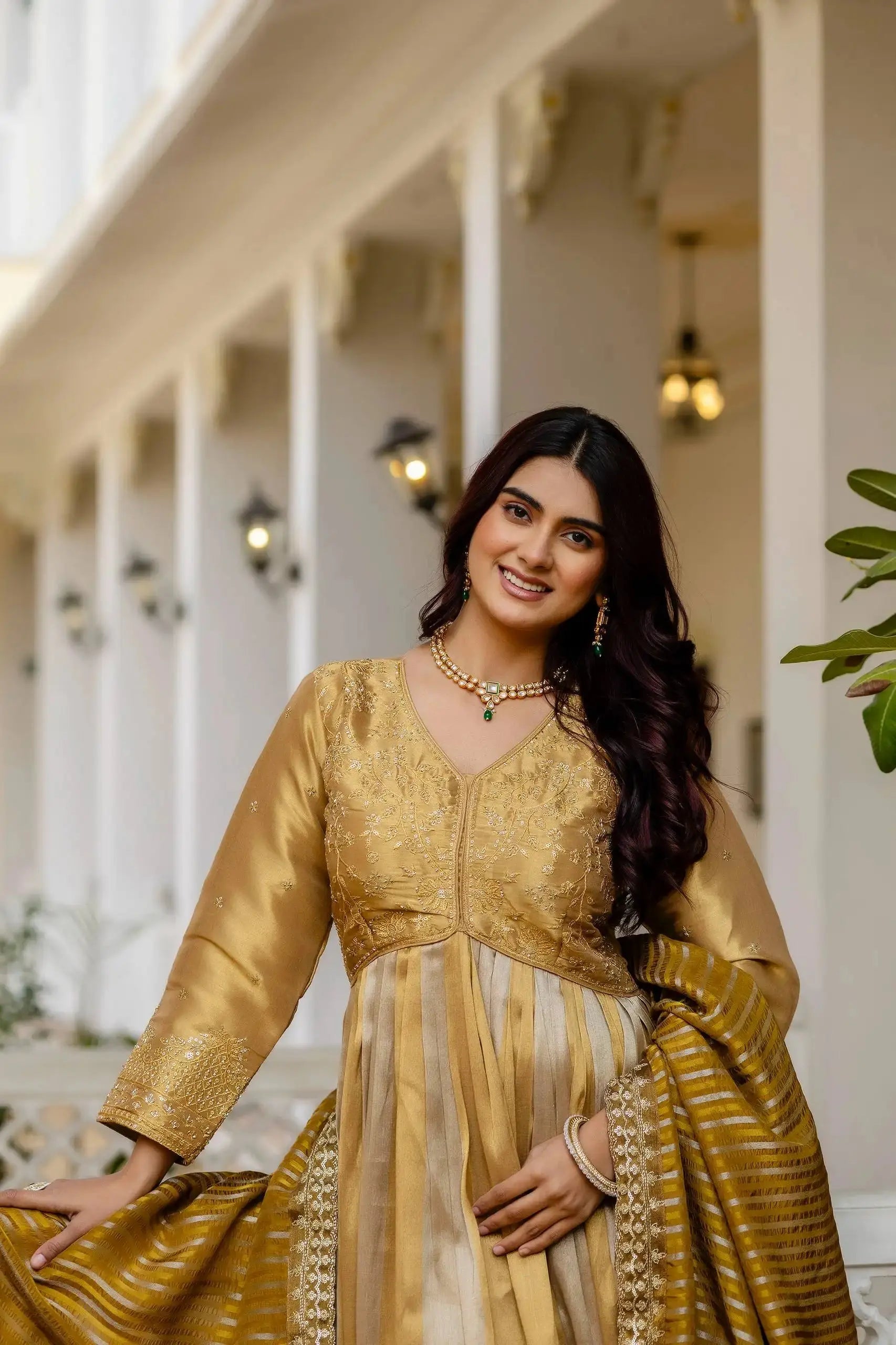 KU218 Beige Sequins Embroidered Anarkali Suit – Portrait close-up showing V-neck embroidered yoke and gold sequin work
