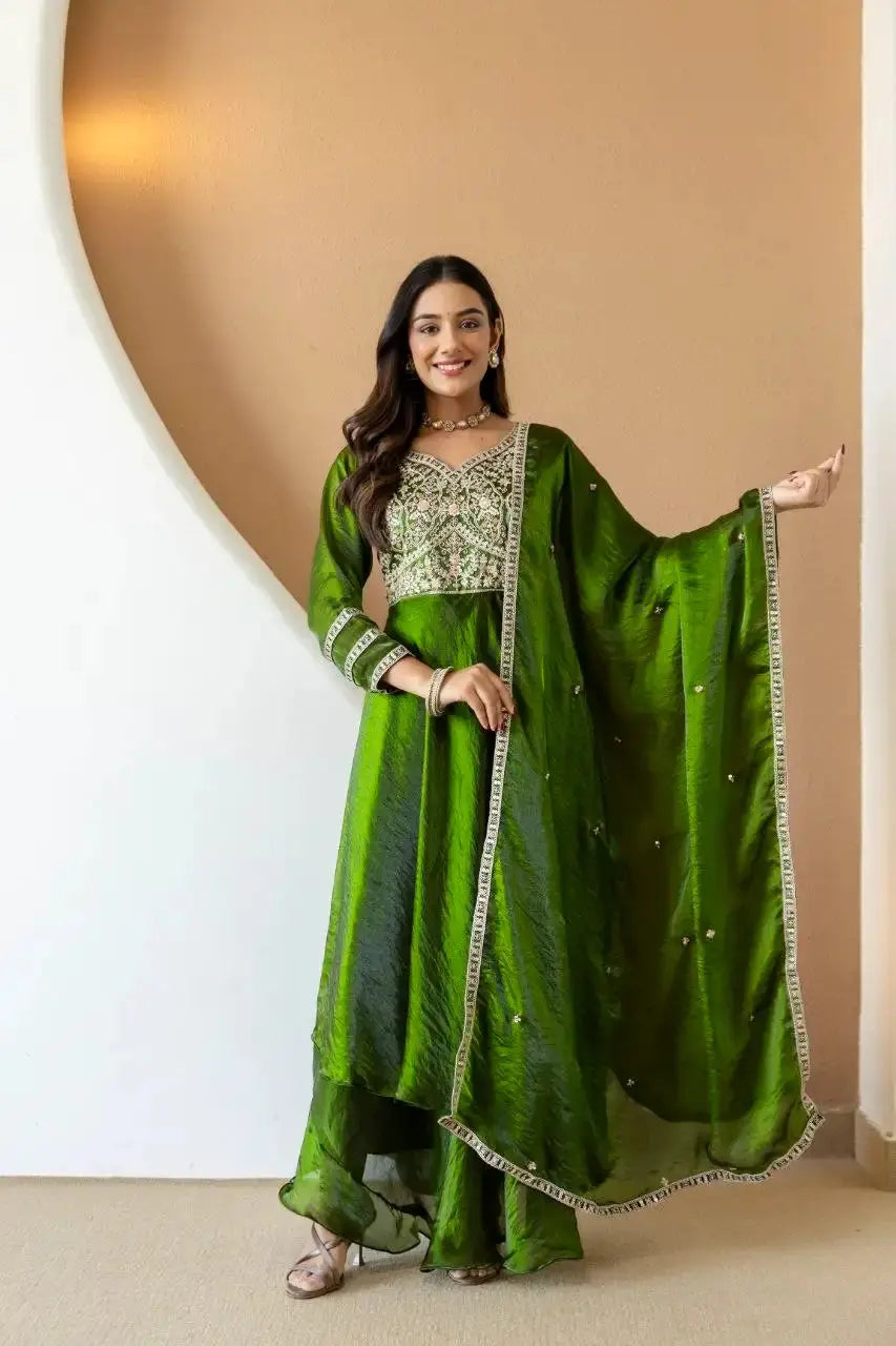 Green Anarkali Suit – second back view with dupatta and tiered hem flair