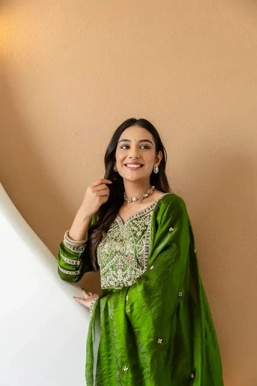 Green Anarkali Suit – embroidered cuff border and sleeve detail close-up
