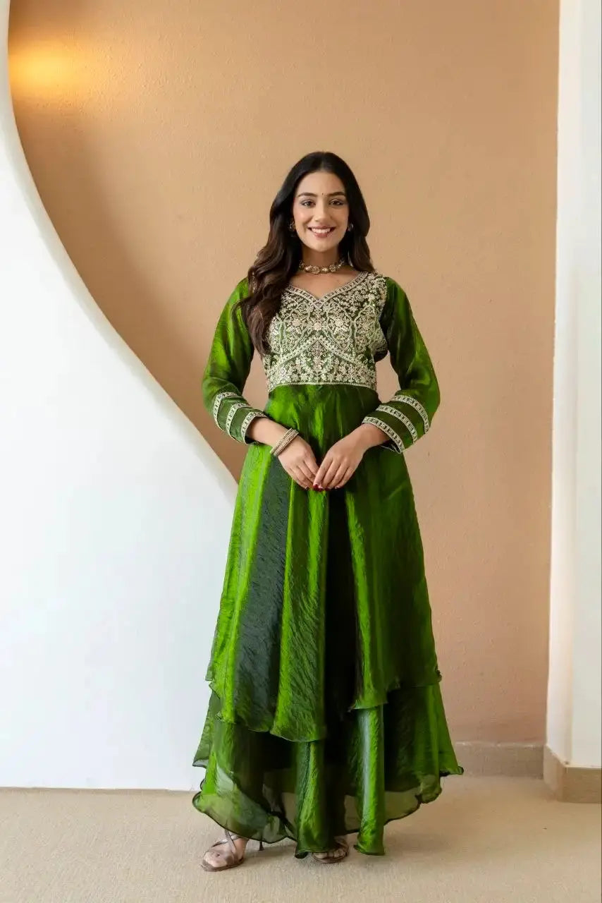 Green Anarkali Suit – close-up of dense floral sequins embroidery on yoke panel