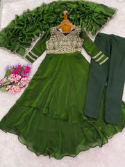 Green Sequins Embroidered Anarkali Suit flat lay – suit, straight pant and Floral Booti dupatta