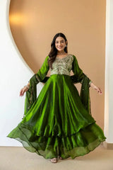Green Sequins Embroidered Anarkali Suit – front view, V-neck and floor-length Anarkali flair