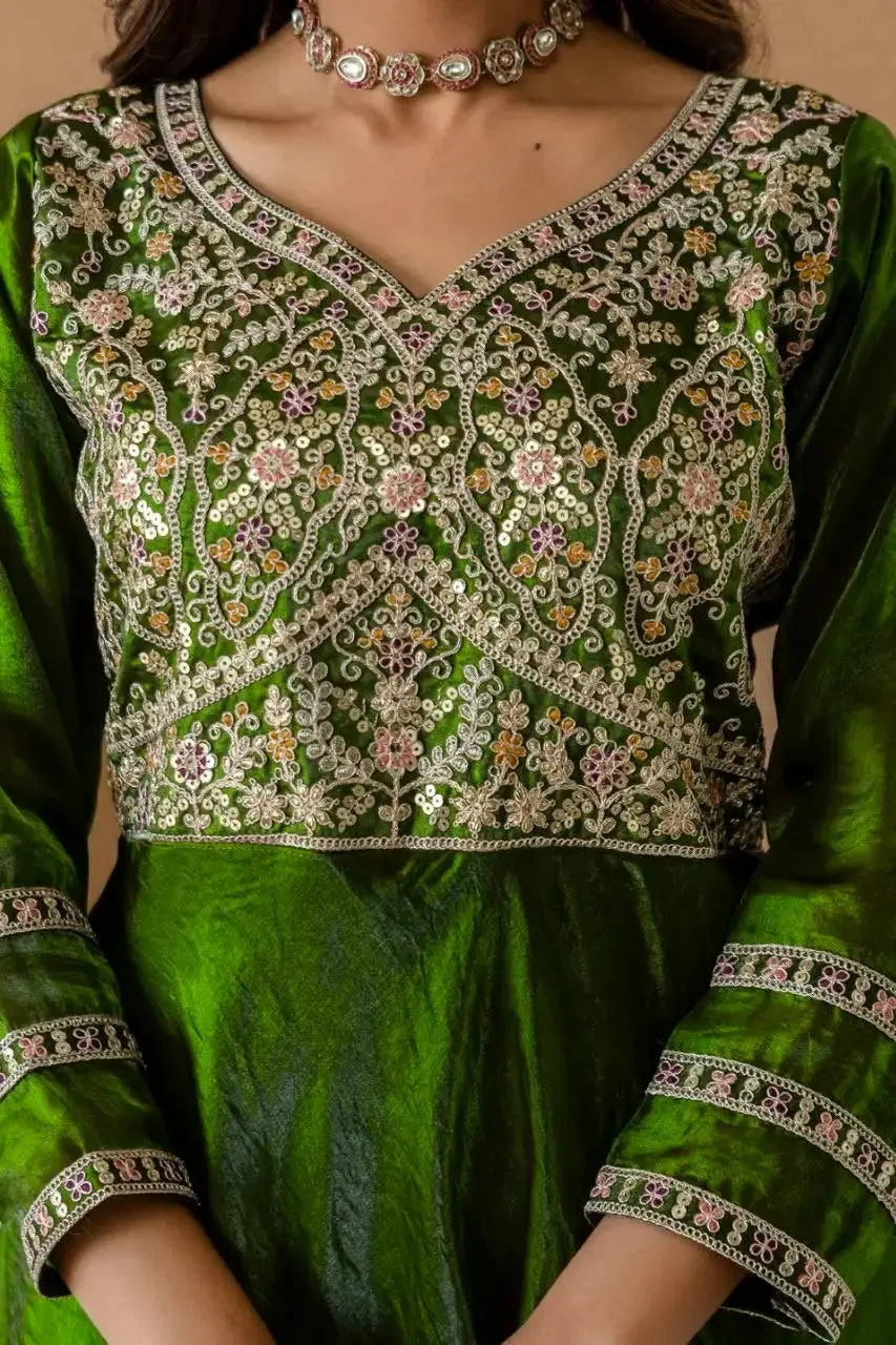 Green Sequins Embroidered Suit – full-length standing pose highlighting Anarkali volume
