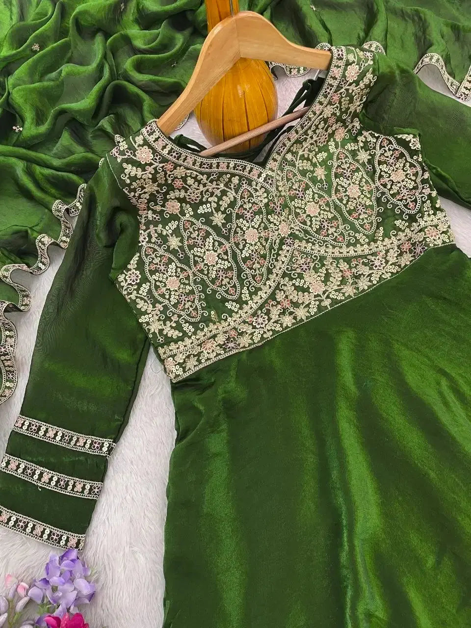 Green Anarkali Suit – full-length angled view showing dupatta drape and pant