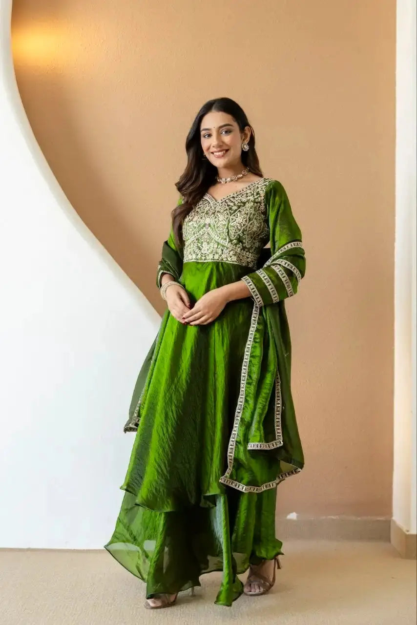 Green Sequins Embroidered Anarkali Suit – full-length model shot with pant and dupatta