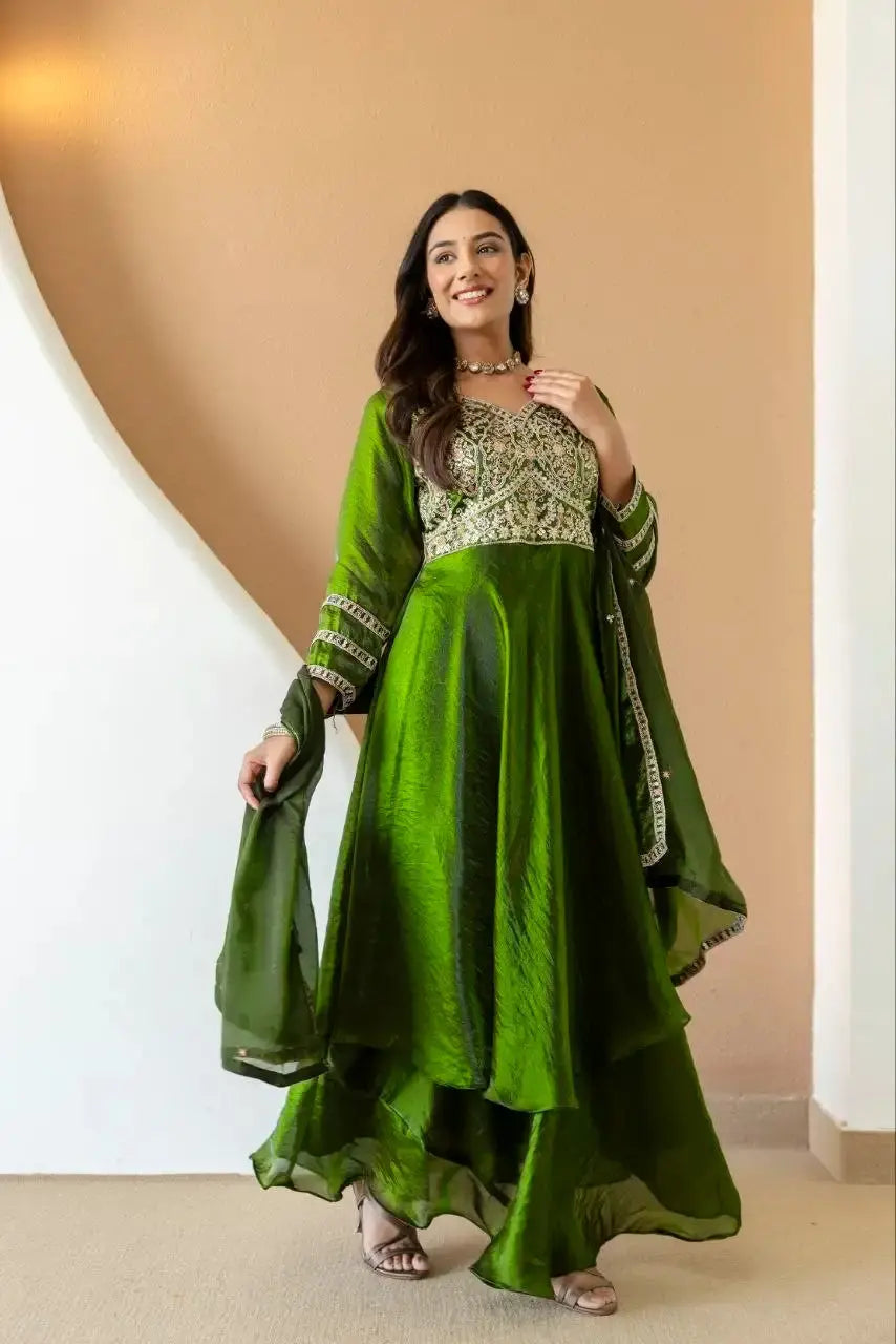 Green Sequins Embroidered Suit – side view showing tiered Anarkali flair and dupatta drape