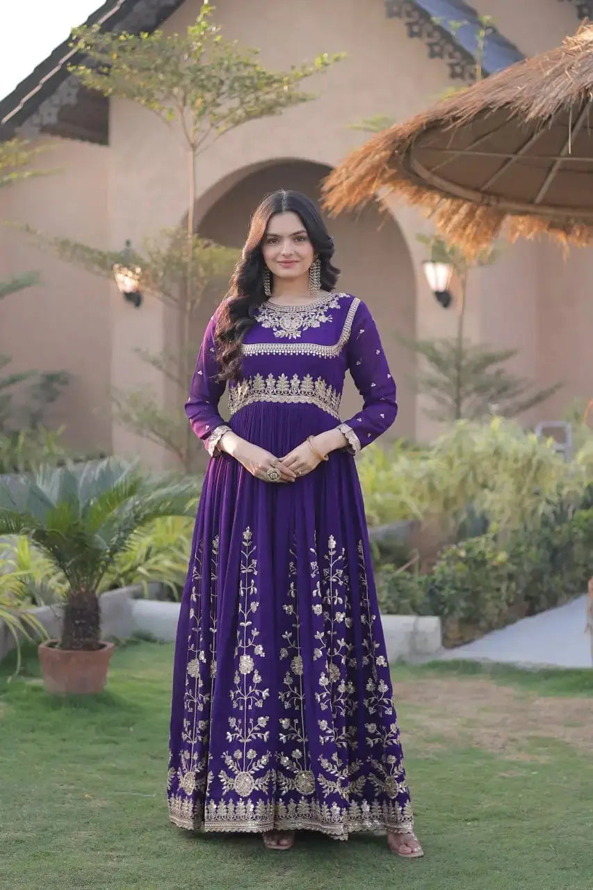 Purple Anarkali Suit – close-up of gold sequins and zari embroidery on yoke and waistband