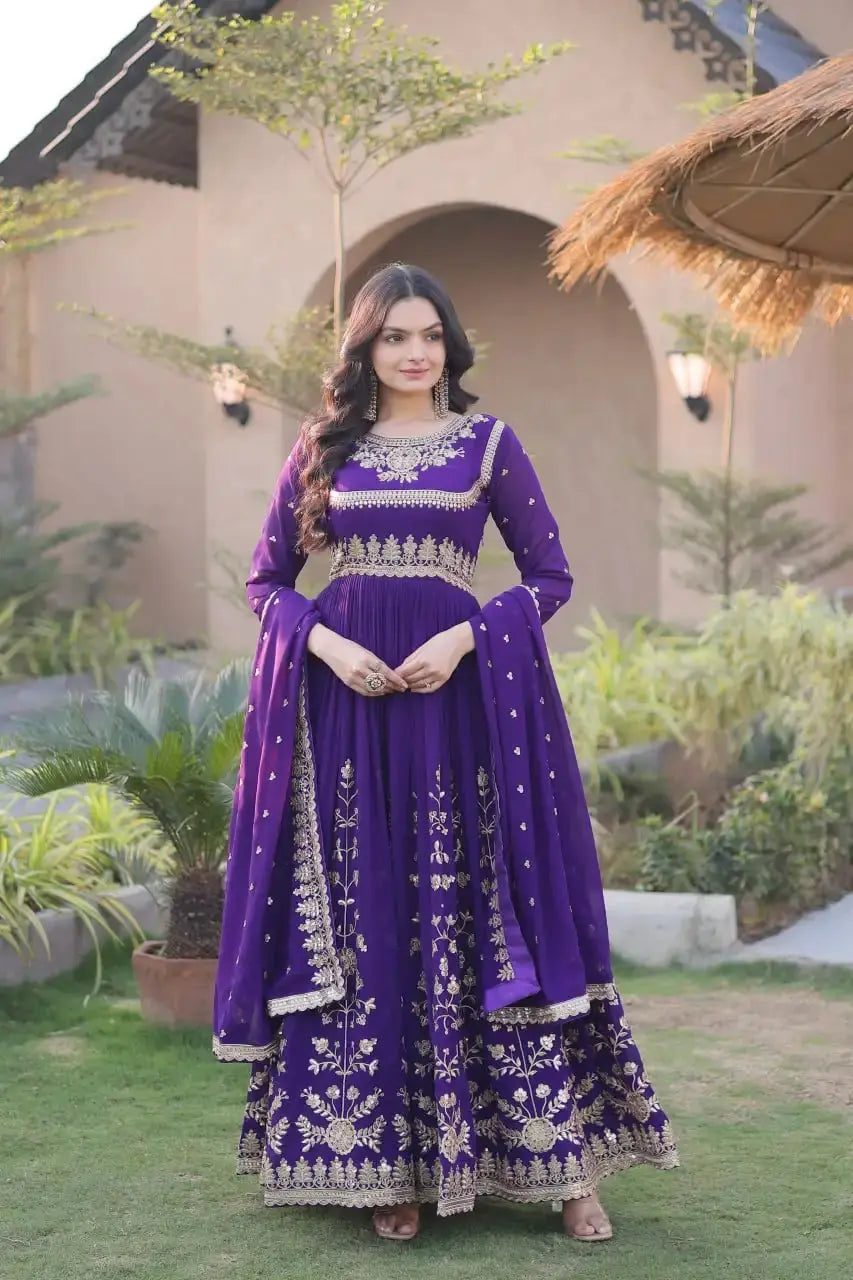 Purple Sequins Embroidered Anarkali Suit flat lay – suit and Floral Booti dupatta with zari border