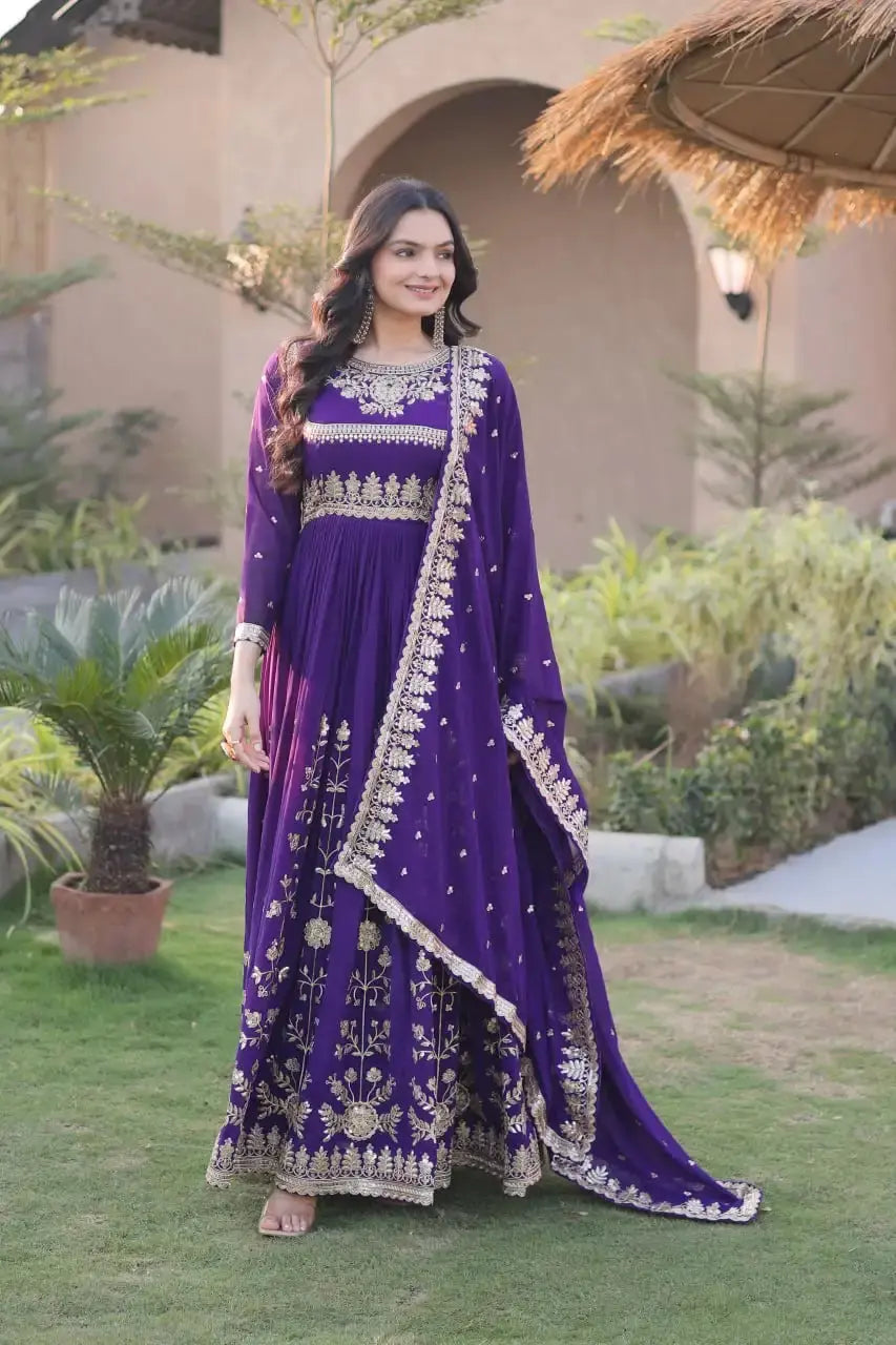 Purple Anarkali Suit Zari Work – second front view showing embroidered yoke and full sleeve