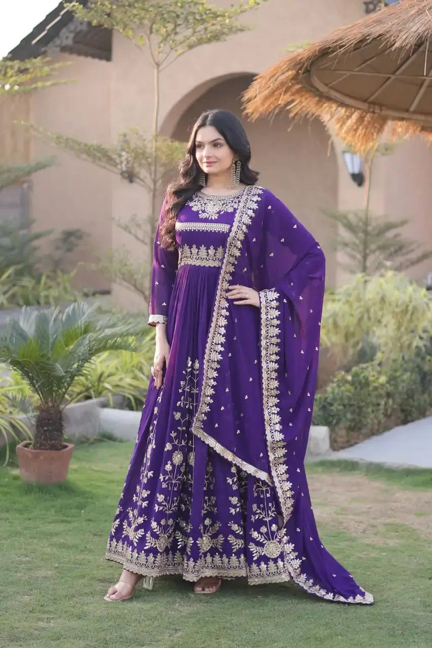 Purple Sequins Embroidered Anarkali Suit – front view, full-body zari embroidery and 56-inch flair