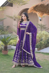 Purple Sequins Embroidered Anarkali Suit – front view, full-body zari embroidery and 56-inch flair