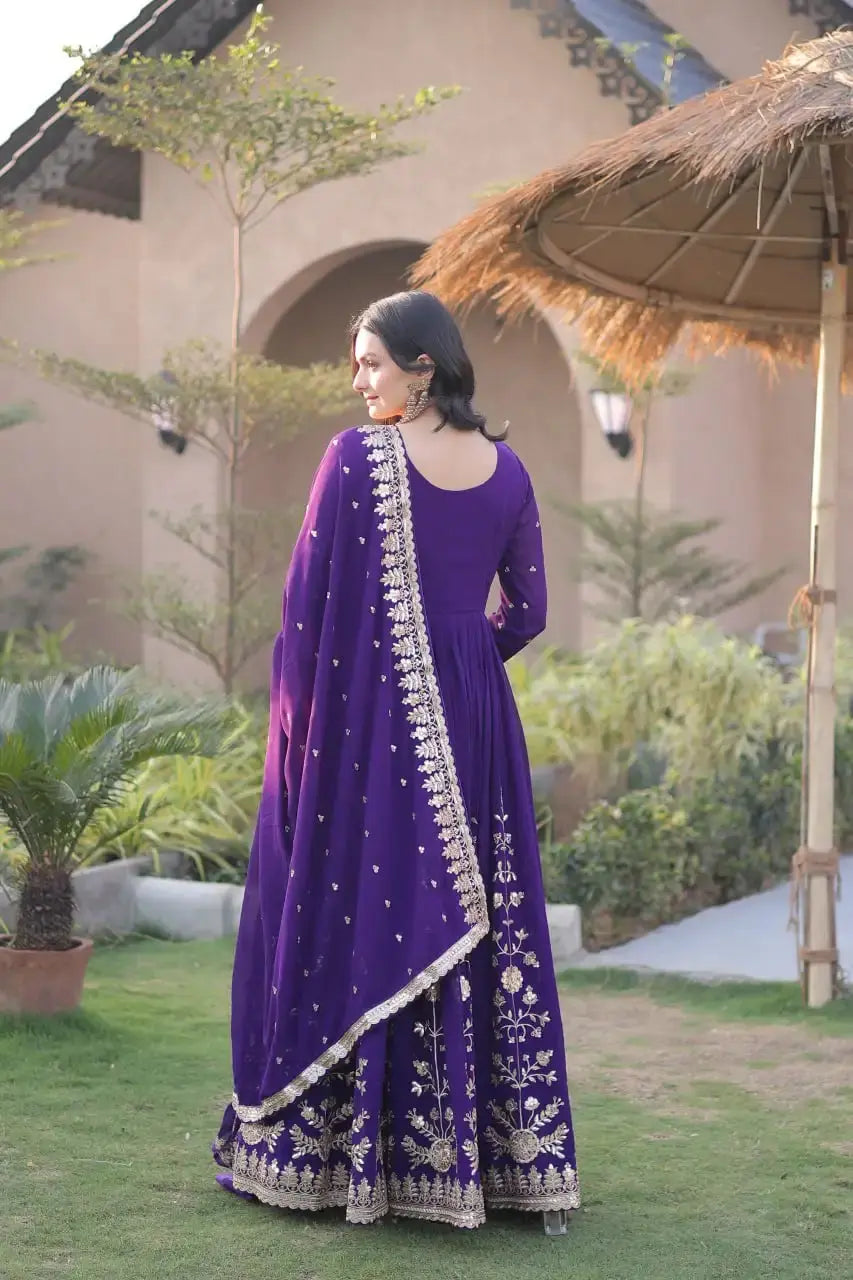 Purple Sequins Embroidered Anarkali Suit – full-length model shot with Floral Booti dupatta
