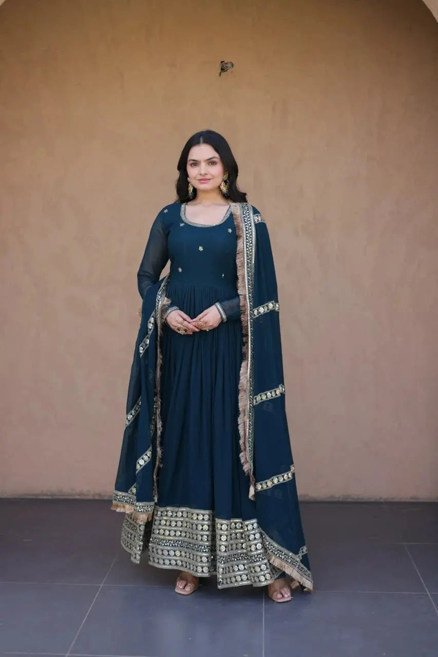 Rama Blue Anarkali Suit – neckline embroidered trim and sequins detail close-up