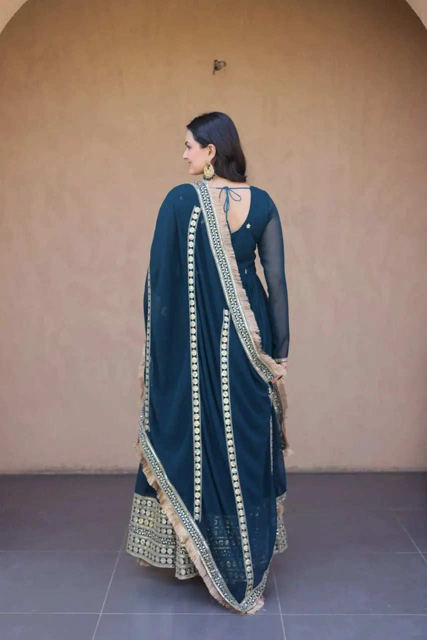 Rama Blue Pipe Beads Suit – side view showing Anarkali silhouette and dupatta drape