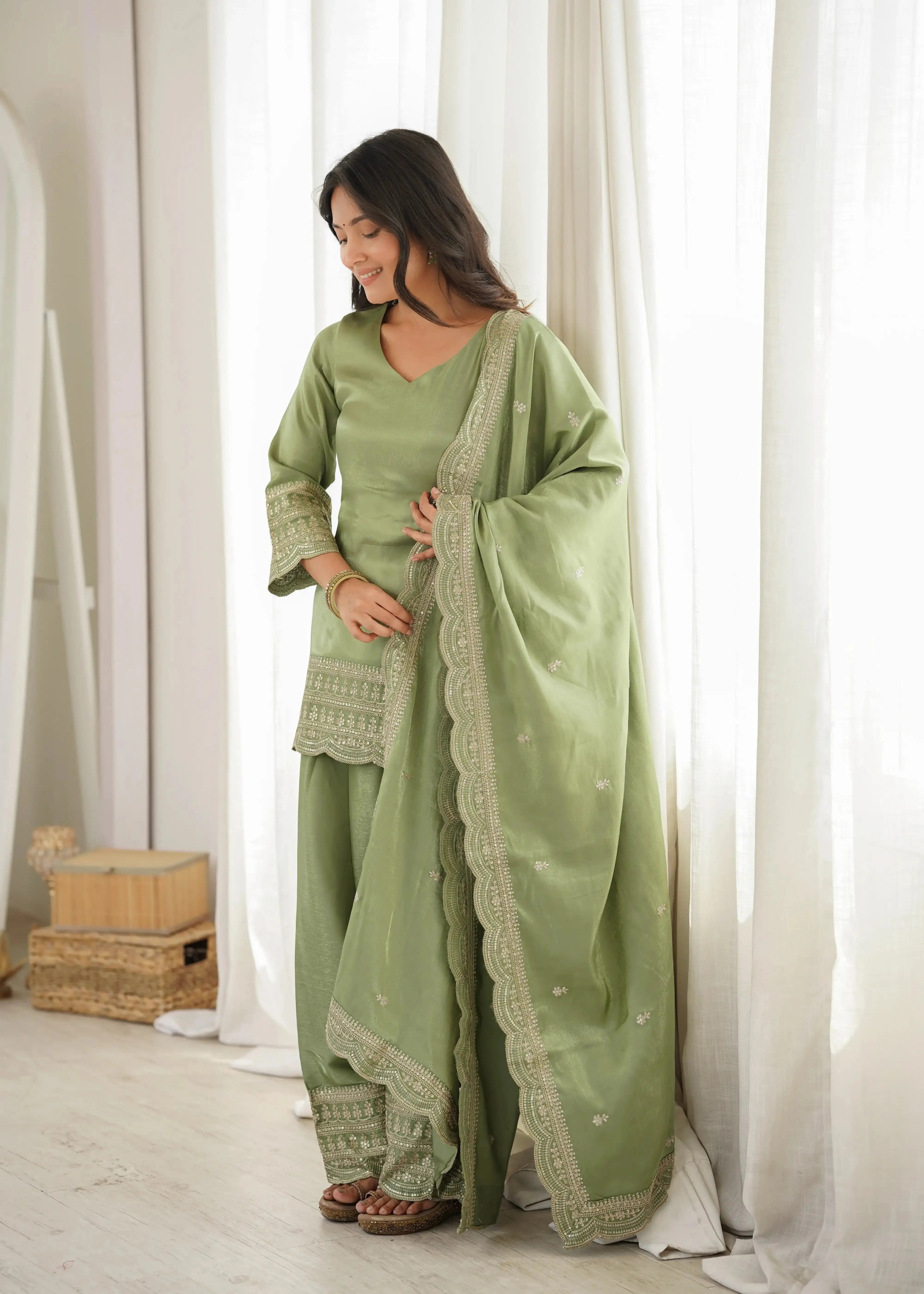 Pista Green Shalwar Suit – second back view with dupatta draped
