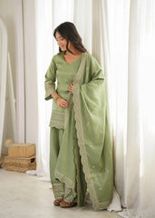 Pista Green Shalwar Suit – second back view with dupatta draped