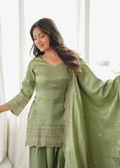 Pista Green Sequins Embroidered Suit – back view showing open dori tie-up back