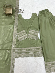Pista Green Suit – close-up of zari and sequin scalloped hem border embroidery