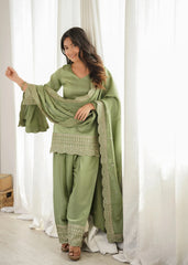 Pista Green Sequins Embroidered Suit flat lay – kurta, shalwar and embroidered border dupatta