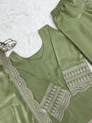 Pista Green Sequins Embroidered Suit – front view, scalloped hem and V-neckline