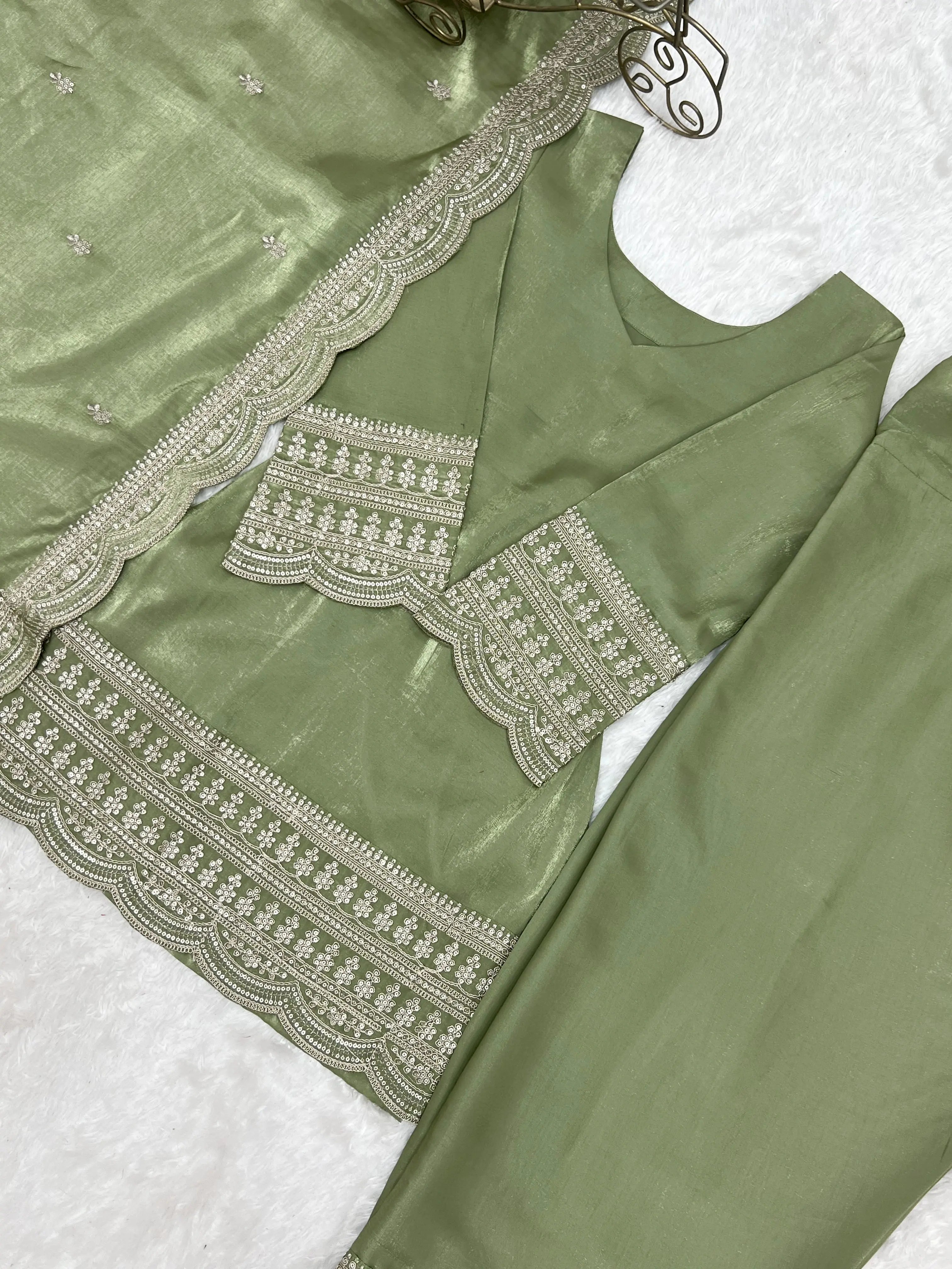 Pista Green Sequins Embroidered Suit – side view showing silhouette and dupatta drape