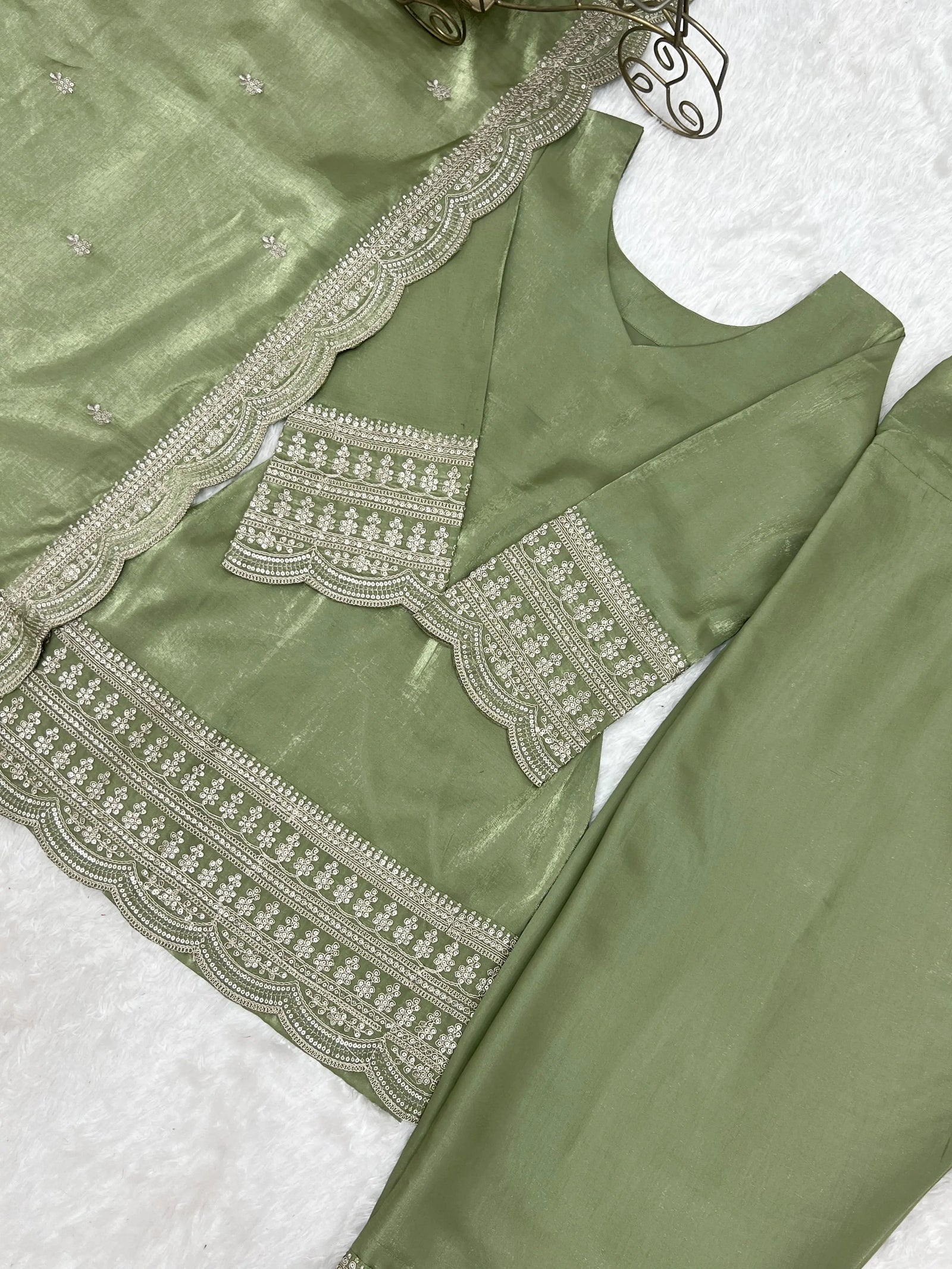 Pista Green Sequins Embroidered Suit – side view showing silhouette and dupatta drape