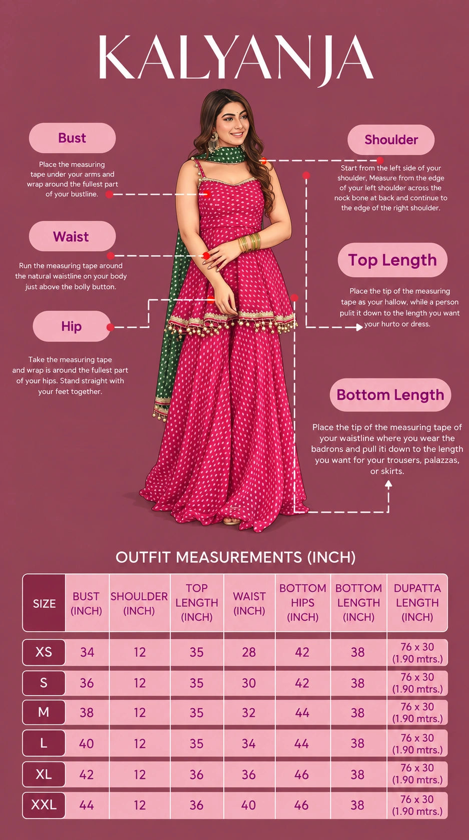 Pink Bandhej Print Suit – Palazzo & Dupatta Set - Size Guide